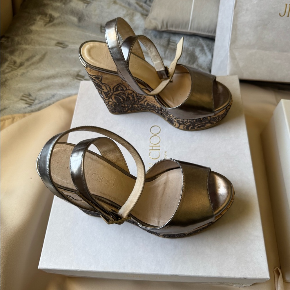 Jimmy Choo Silver Wedge Sandals with Strappy Design